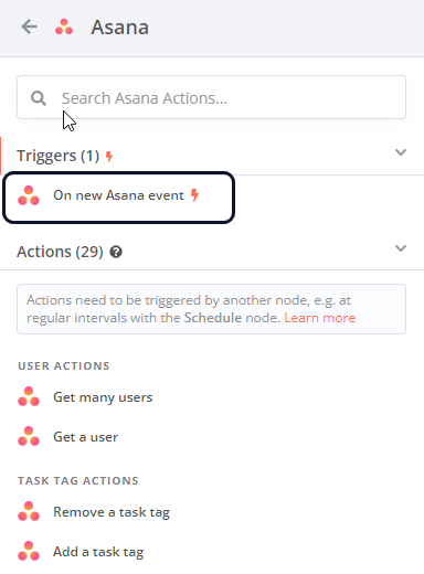Asana 노드 작업 목록의 스크린샷, 목록 상단에 권장 섹션 표시